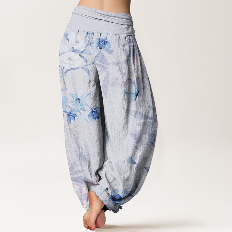 Buddha Stones Cherry Blossoms Hibiscus Butterfly Women's Elastic Waist Harem Pants