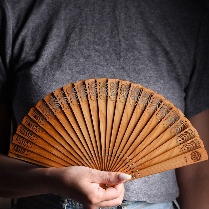 Buddha Stones Auspicious Clouds Fu Engraving Pattern Handheld Thuja Sutchuenensis Wood Folding Fan