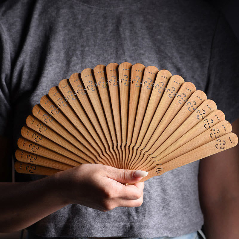 Buddha Stones Auspicious Clouds Fu Engraving Pattern Handheld Thuja Sutchuenensis Wood Folding Fan