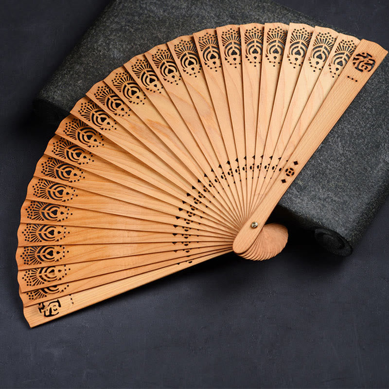 Buddha Stones Auspicious Clouds Fu Engraving Pattern Handheld Thuja Sutchuenensis Wood Folding Fan