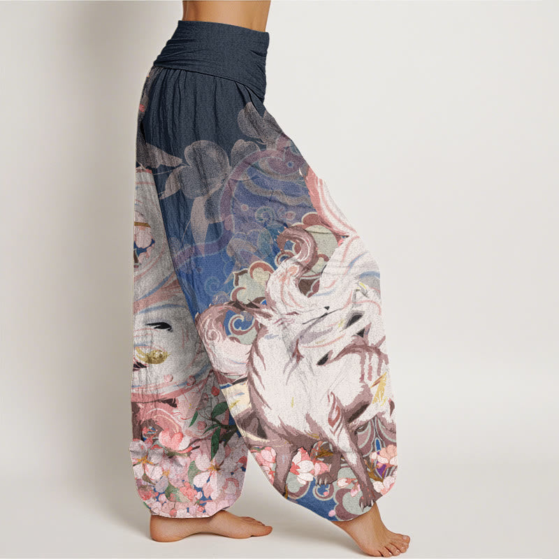 Buddha Stones Cotton Fox Cherry Blossoms Women's Elastic Waist Harem Pants - image 1