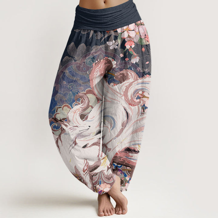 Buddha Stones Cotton Fox Cherry Blossoms Women's Elastic Waist Harem Pants - MidnightBlue - US22，UK/AU26，EU54 (6XL) - image 0
