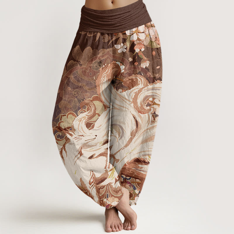 Buddha Stones Cotton Fox Cherry Blossoms Women's Elastic Waist Harem Pants - SaddleBrown - US22，UK/AU26，EU54 (6XL) - image 4