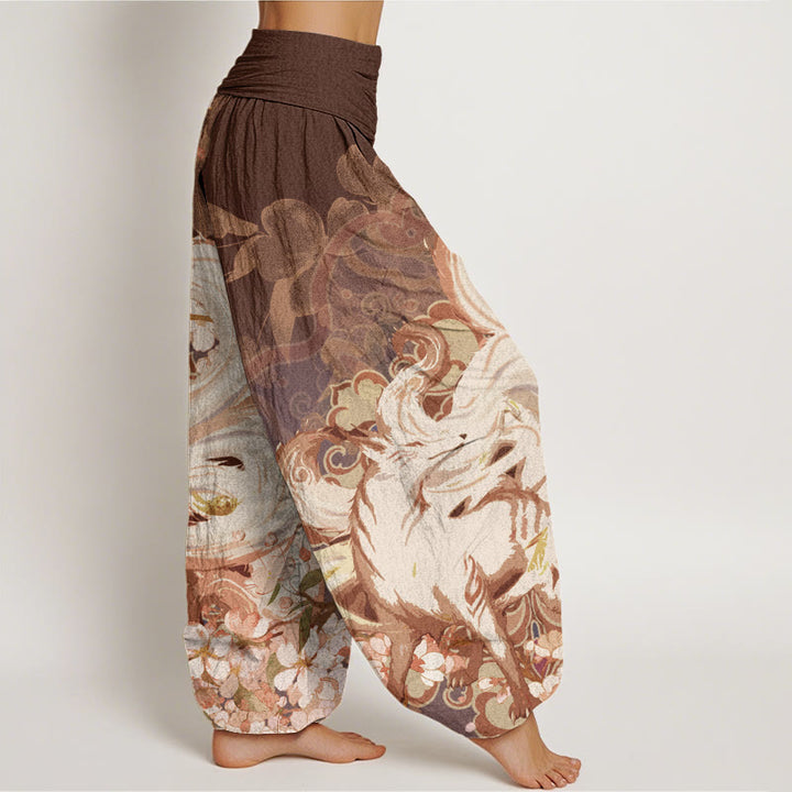 Buddha Stones Fox Cherry Blossoms Women's Elastic Waist Harem Pants