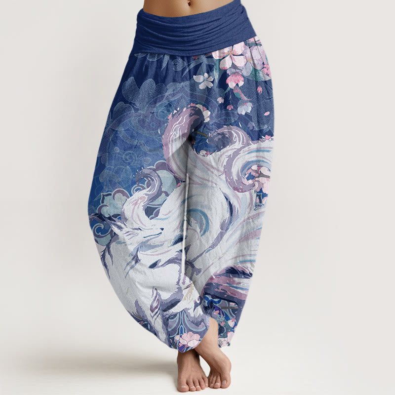 Buddha Stones Cotton Fox Cherry Blossoms Women's Elastic Waist Harem Pants - Navy - US22，UK/AU26，EU54 (6XL) - image 7