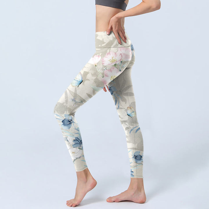 Buddha Stones Cherry Blossom Butterflies Print Gym Leggings Women's Yoga Pants