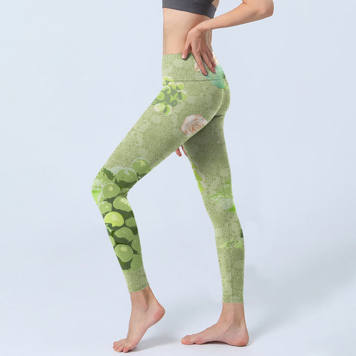 Buddha Stones Green Grapes Pink Roses Gym Leggings Women's Yoga Pants