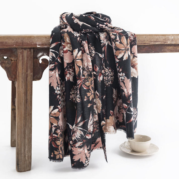 Buddha Stones Tibetan Blooming Chrysanthemum Rose Flower Print Shawl Fall Winter Soft Warm Scarf Wrap - Black 190*65cm - image 0