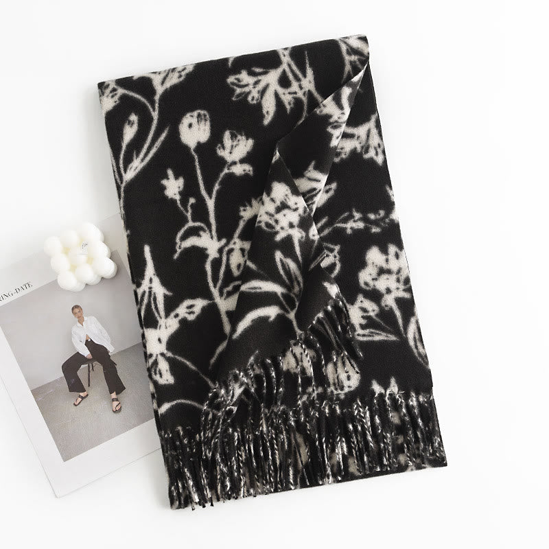 Buddha Stones Tibetan Shawl Blooming Flower Branches Print Tassels Fall Winter Cozy Warm Scarf Wrap - Black Upward Flower 180*65cm - image 3