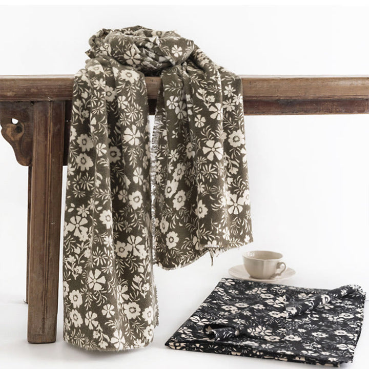 Buddha Stones Tibetan Shawl Fresh Daisy Print Fall Winter Soft Warm Travel Scarf Wrap - DarkKhaki 190*65cm - image 0