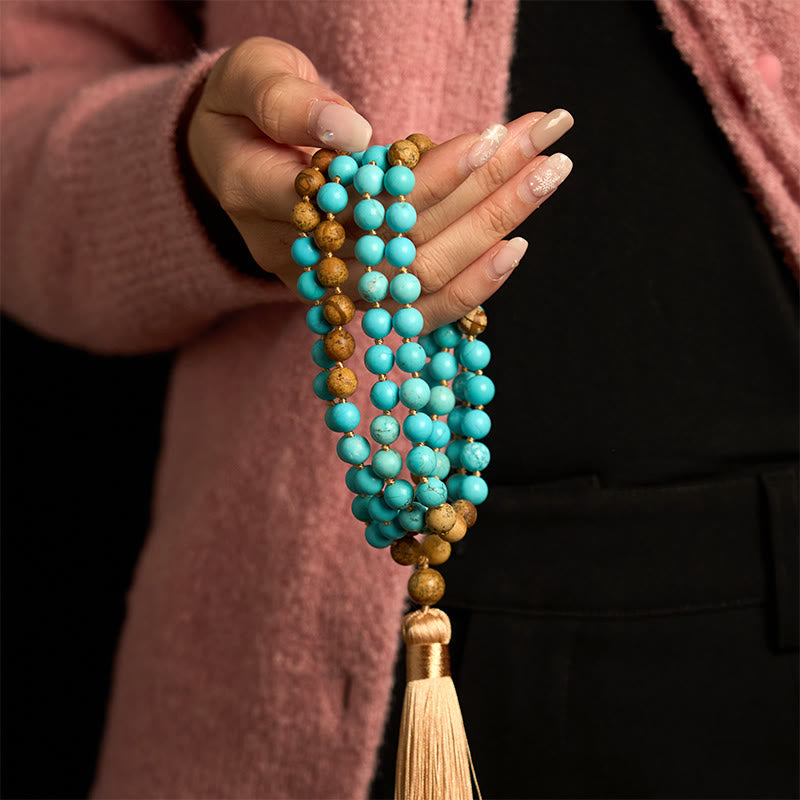 Buddha Stones 108 Mala Beads Turquoise Picture Jasper Bead Tassel Balance Bracelet