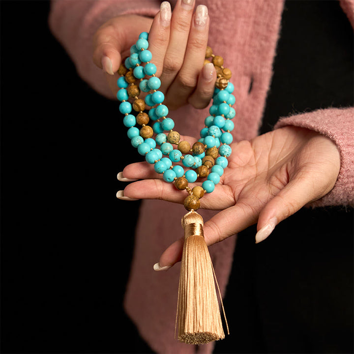 Buddha Stones 108 Mala Beads Turquoise Picture Jasper Bead Tassel Balance Bracelet