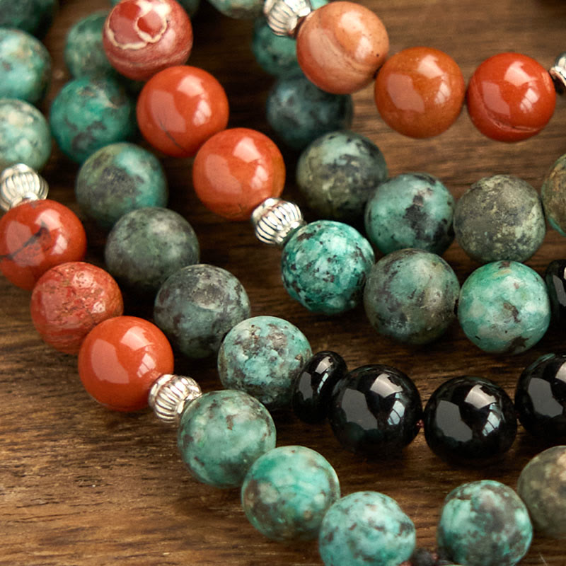 Buddha Stones 108 Mala Natural Black Onyx Red Jasper Turquoise Beads Buddha Head Tassel Protection Bracelet