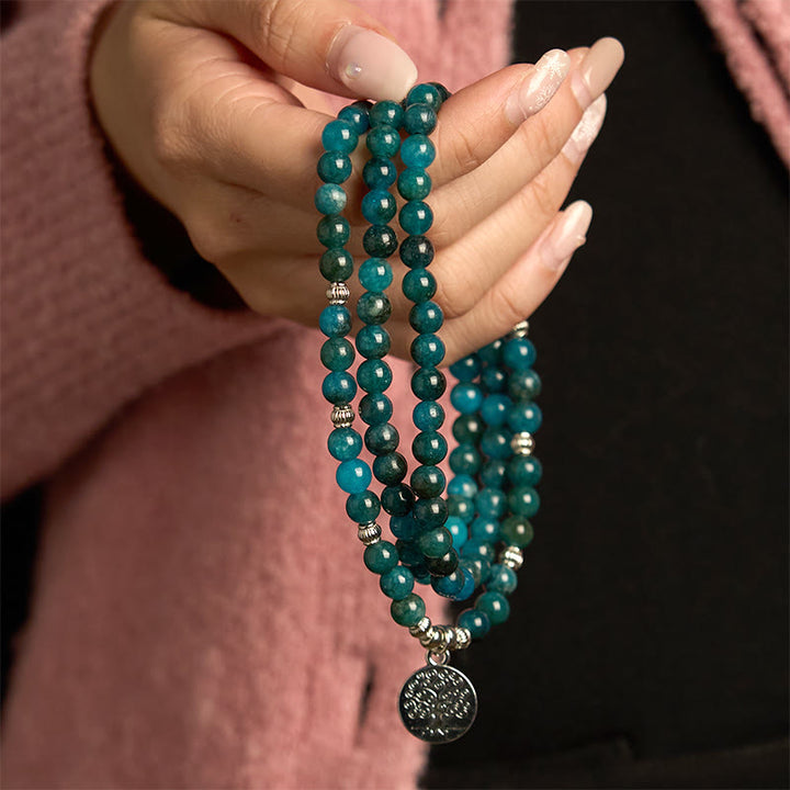 Buddha Stones 108 Mala Beads Apatite Bead Om The Tree Of Life Lotus Buddha Bracelet