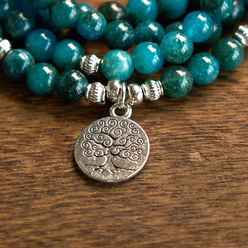 Buddha Stones 108 Mala Beads Apatite Bead Om The Tree Of Life Lotus Buddha Bracelet