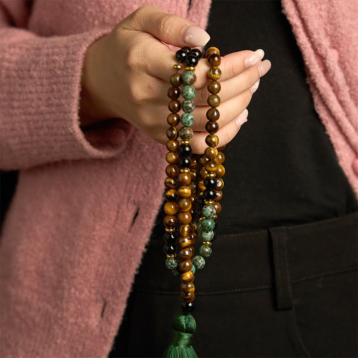 Buddha Stones 108 Mala Natural Stone Tiger Eye Turquoise  Beads Tassel Protection Bracelet