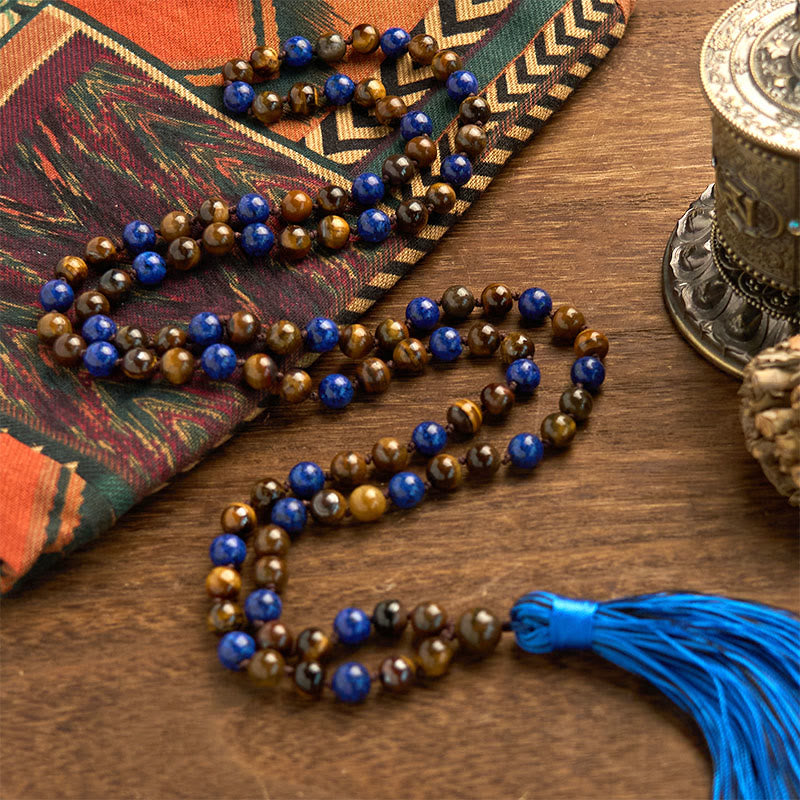 Buddha Stones 108 Beads Natural Stone Tiger Eye Lazurite Lapis Lazuli Mala Tassel Protection Bracelet - image 2