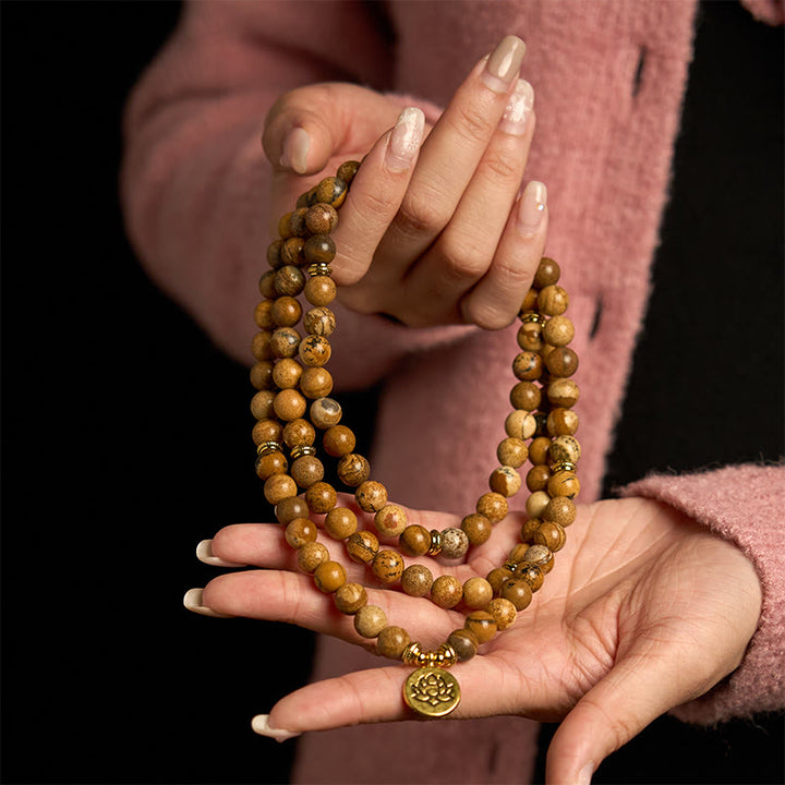 Buddha Stones 108 Beads Picture Jasper Mala Lotus Courage Bracelet