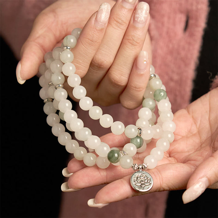 Buddha Stones 108 Mala Beads Natural Tianshan Jade Lotus Luck Bracelet