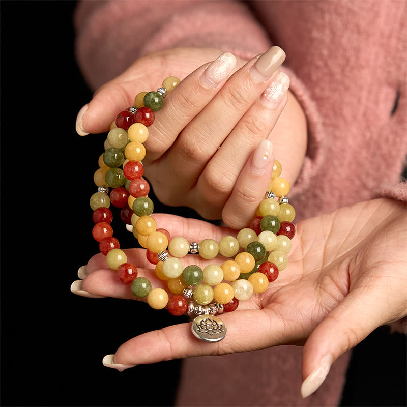 Buddha Stones 108 Mala Beads Natural Colored Stone Topaz Red Jasper Green Jasper Lotus Protection Bracelet