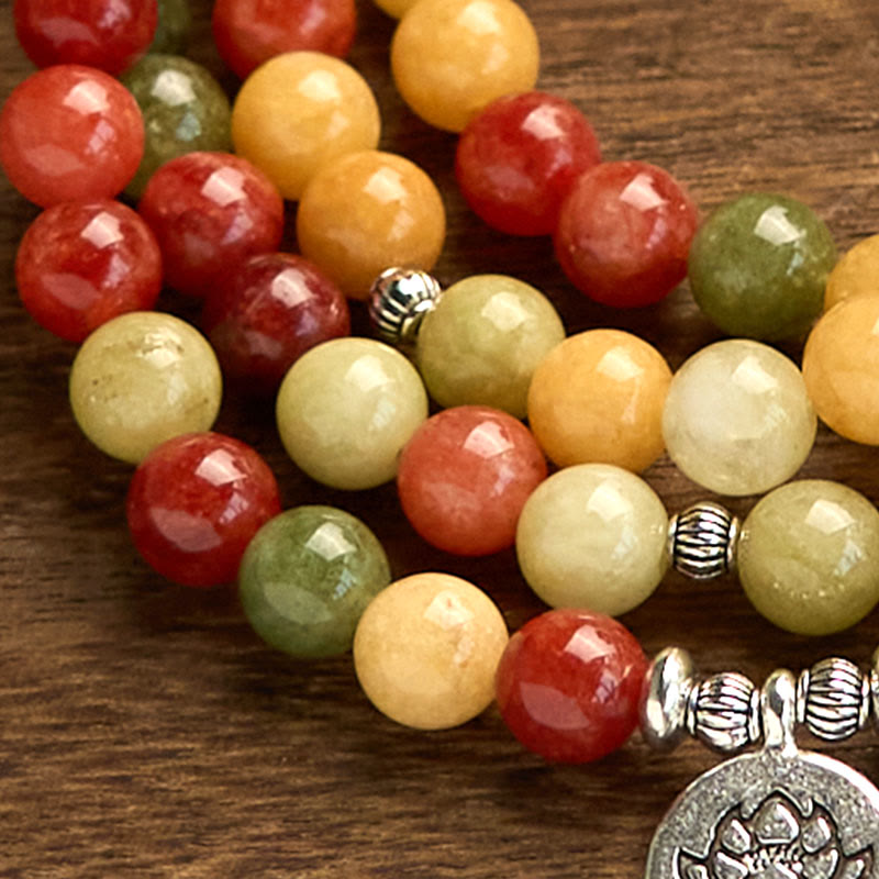 Buddha Stones 108 Mala Beads Natural Colored Stone Topaz Red Jasper Green Jasper Lotus Protection Bracelet