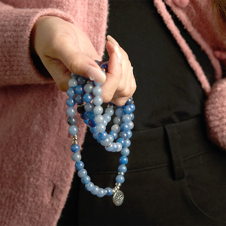 Buddha Stones 108 Mala Beads Multi-layer Natural Blue Aventurine Lotus Calm Bracelet