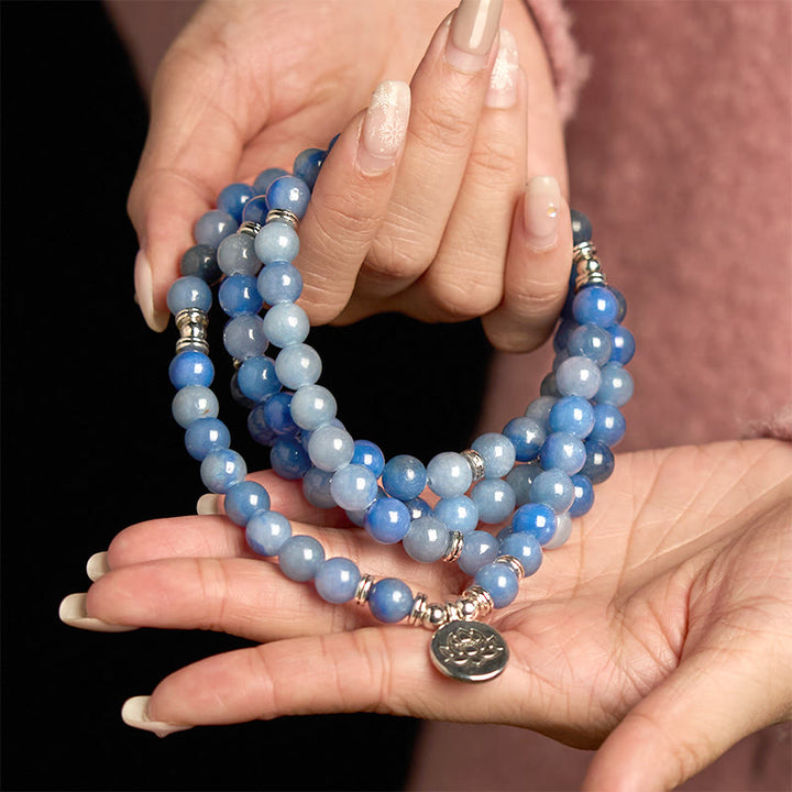 Buddha Stones 108 Mala Beads Multi-layer Natural Blue Aventurine Lotus Calm Bracelet