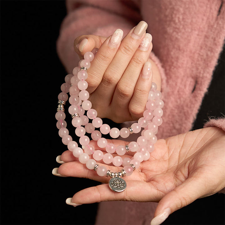 Buddha Stones 108 Mala Beads Natural Stone Rose Quartz Lotus Peace Bracelet