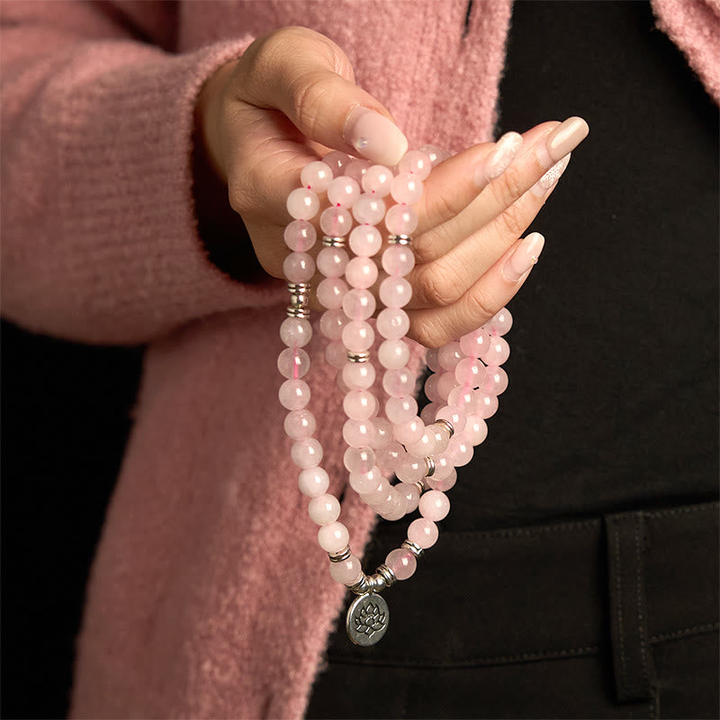 Buddha Stones 108 Mala Beads Natural Stone Rose Quartz Lotus Peace Bracelet