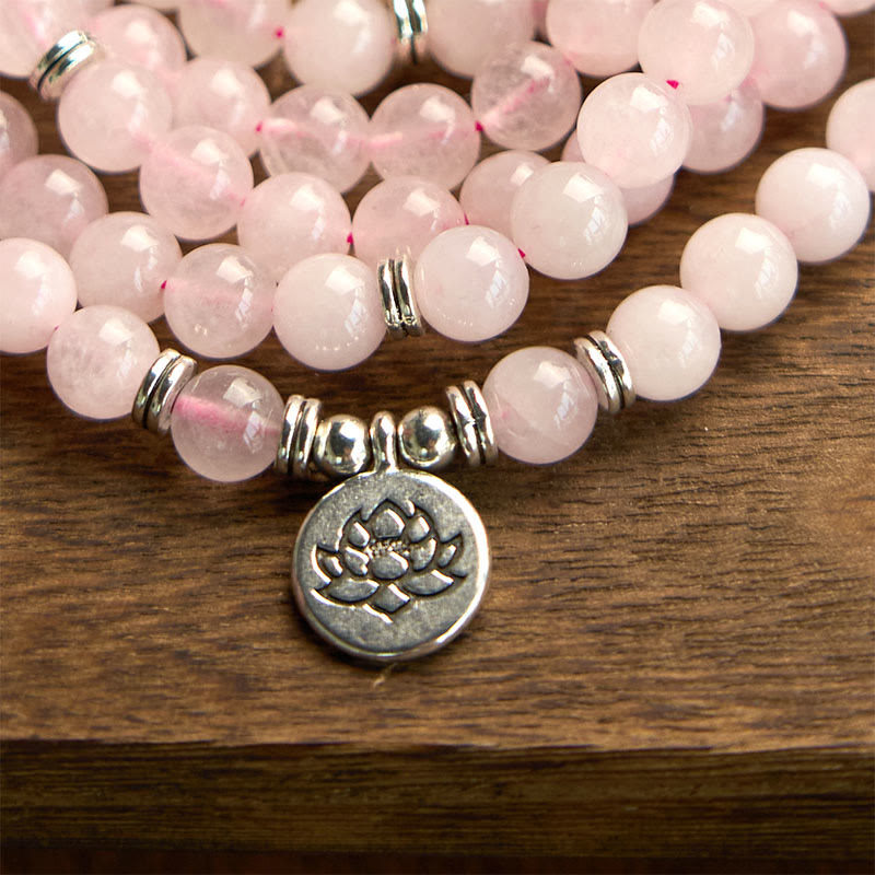 Buddha Stones 108 Mala Beads Natural Stone Rose Quartz Lotus Peace Bracelet