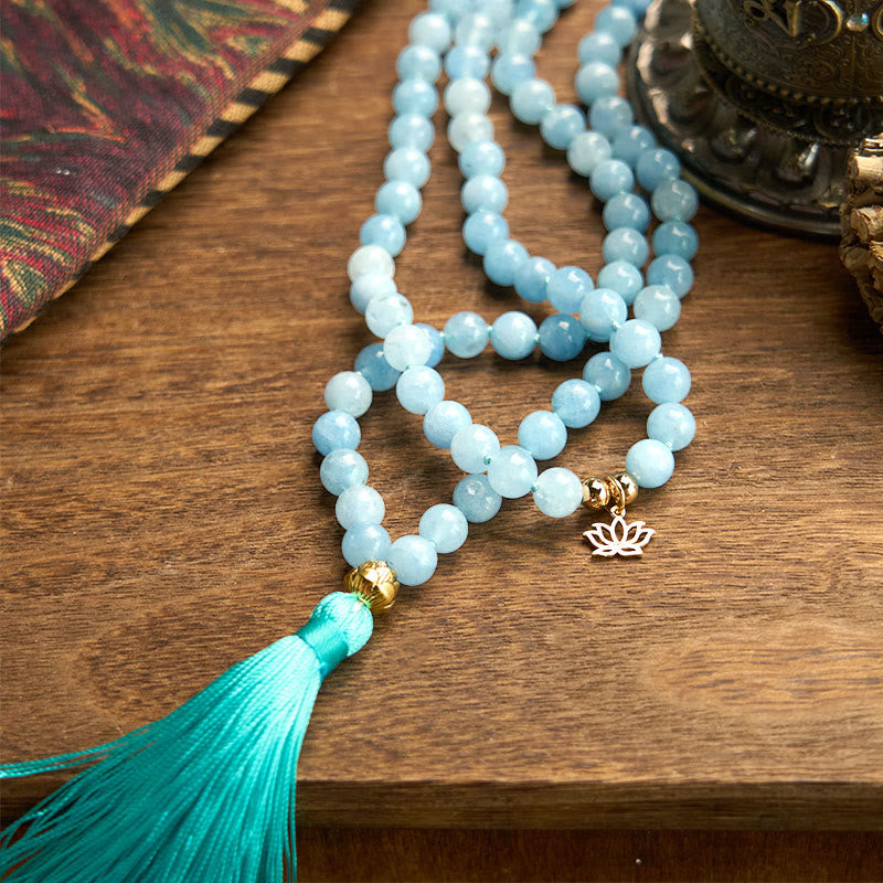 Buddha Stones 108 Mala Beads Natural Stone Aquamarine Tassel Lotus Healing Bracelet