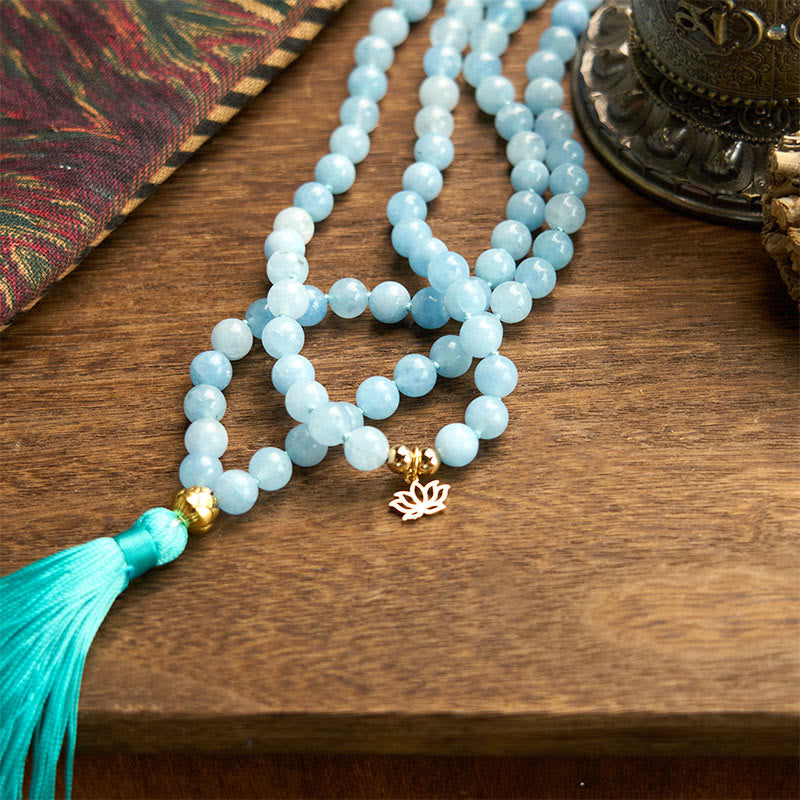 Buddha Stones 108 Mala Beads Natural Stone Aquamarine Tassel Lotus Healing Bracelet