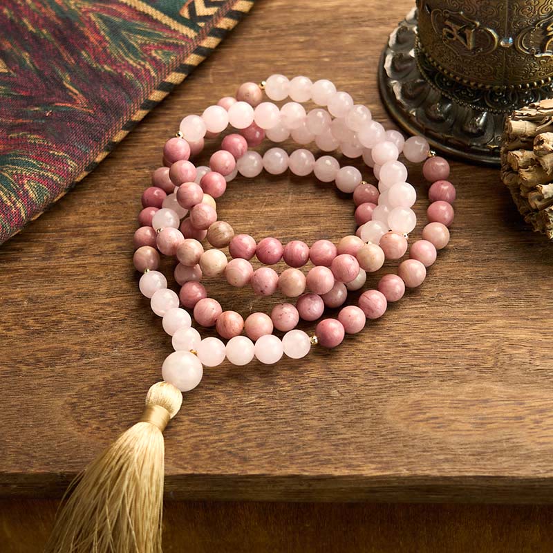 Buddha Stones 108 Mala Beads Rhodonite Rose Quartz Tassel Healing Bracelet