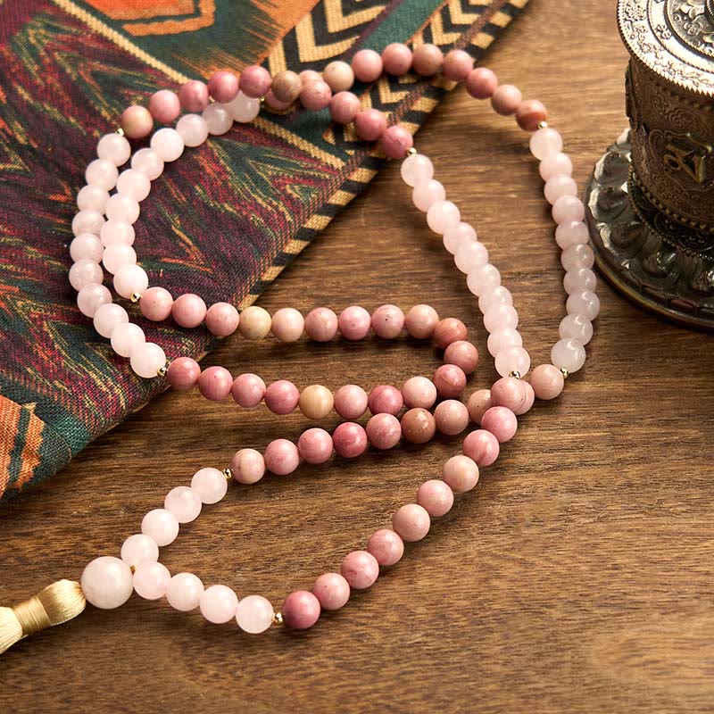 Buddha Stones 108 Mala Beads Rhodonite Rose Quartz Tassel Healing Bracelet