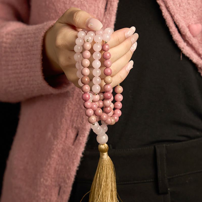 Buddha Stones 108 Mala Beads Rhodonite Rose Quartz Tassel Healing Bracelet