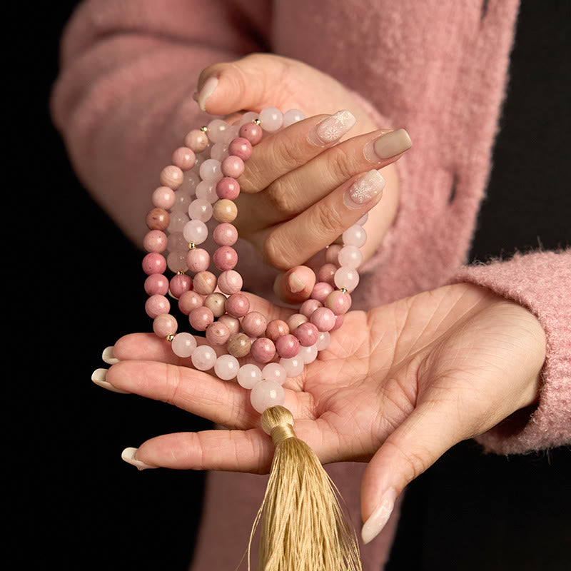 Buddha Stones 108 Mala Beads Rhodonite Rose Quartz Tassel Healing Bracelet