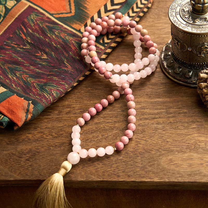 Buddha Stones 108 Mala Beads Rhodonite Rose Quartz Tassel Healing Bracelet