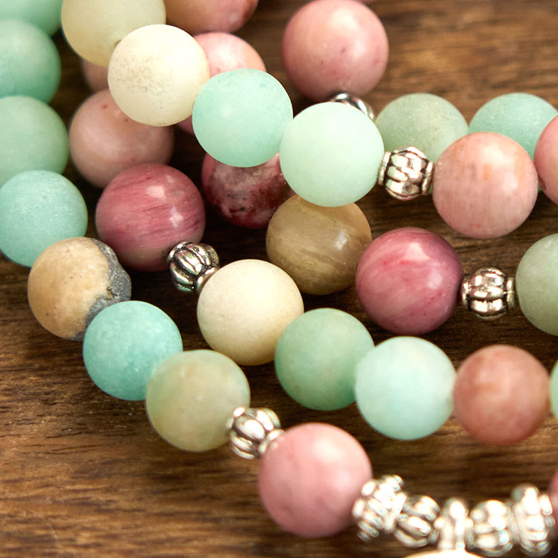 Buddha Stones 108 Mala Beads Rhodonite Amazonite Lotus Healing Bracelet