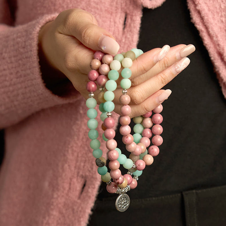 Buddha Stones 108 Mala Beads Rhodonite Amazonite Lotus Healing Bracelet