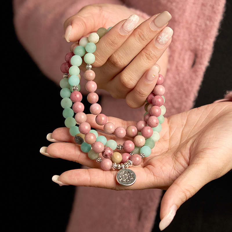 Buddha Stones 108 Mala Beads Rhodonite Amazonite Lotus Healing Bracelet