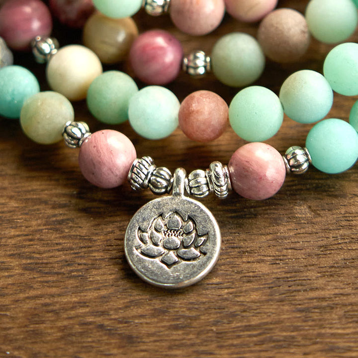 Buddha Stones 108 Mala Beads Rhodonite Amazonite Lotus Healing Bracelet