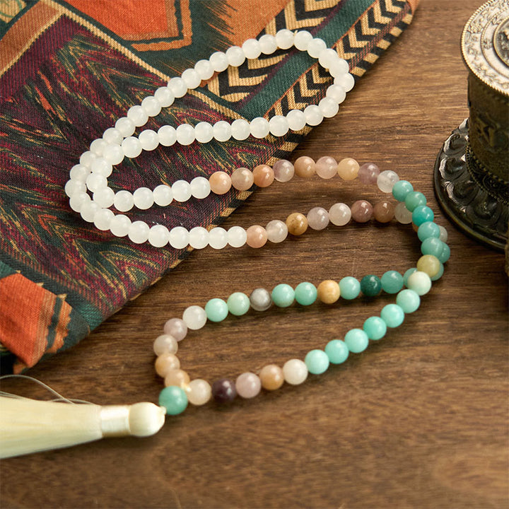 Buddha Stones 108 Mala Beads Natural White Jade Amazonite White Tassel Healing Bracelet