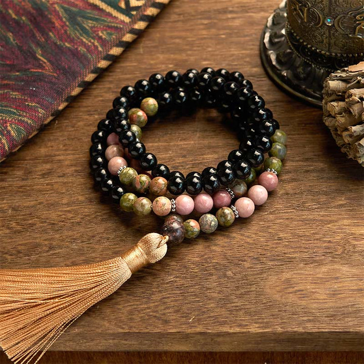 Buddha Stones 108 Mala Beads Black Jasper Rhodonite Khaki Tassel Healing Bracelet