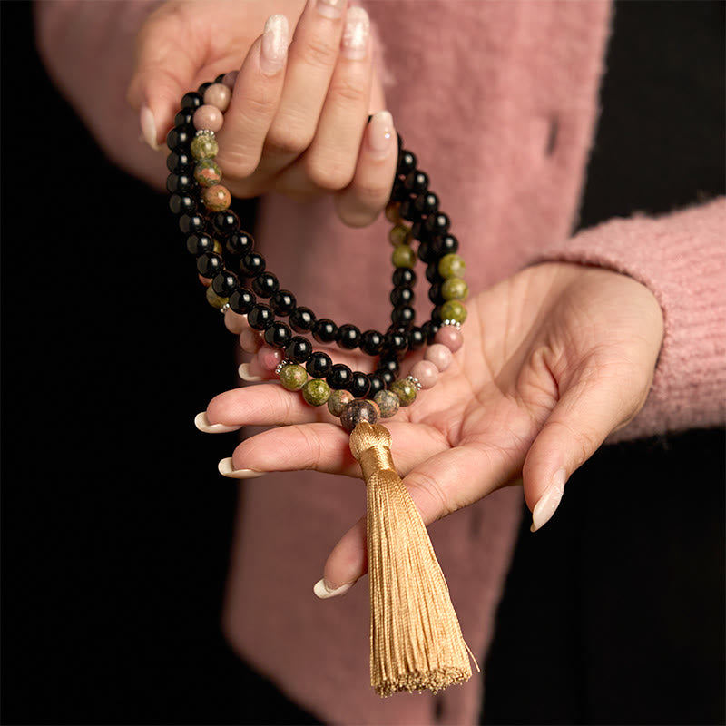 Buddha Stones 108 Mala Beads Black Jasper Rhodonite Khaki Tassel Healing Bracelet