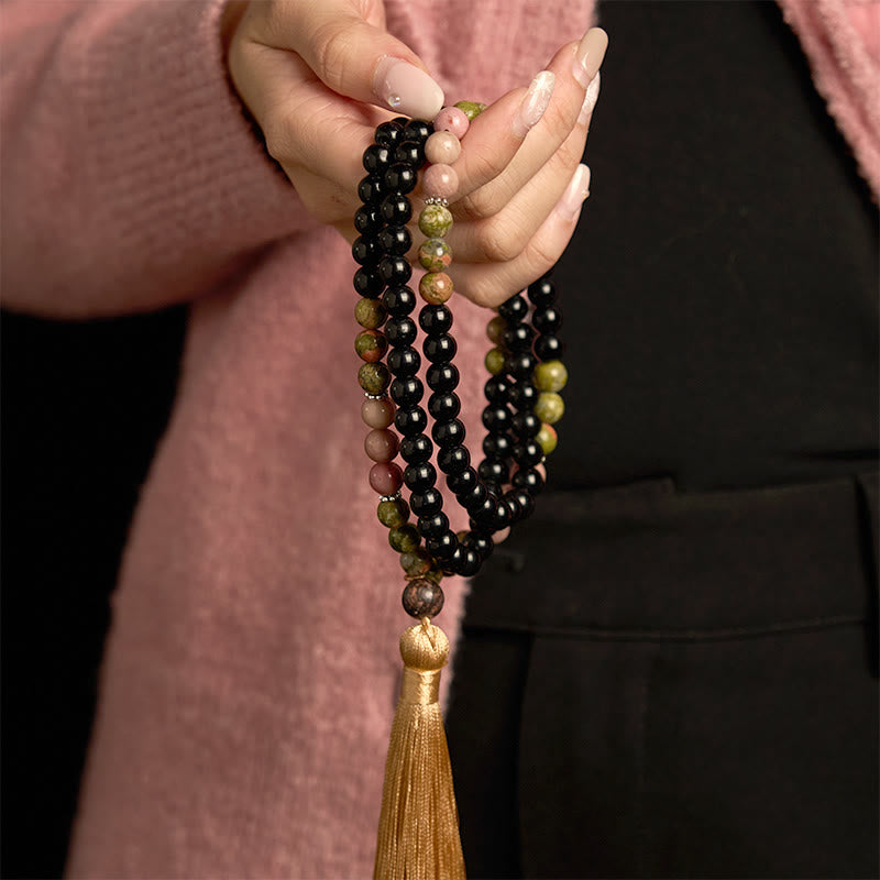 Buddha Stones 108 Mala Beads Black Jasper Rhodonite Khaki Tassel Healing Bracelet