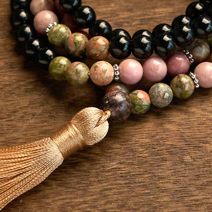 Buddha Stones 108 Mala Beads Black Jasper Rhodonite Khaki Tassel Healing Bracelet