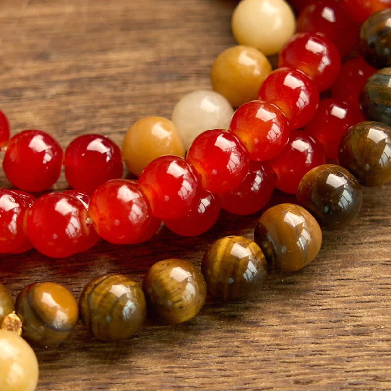 Buddha Stones 108 Mala Beads Red Agate Tiger Eye Yellow Tassel Calm Bracelet - image 5