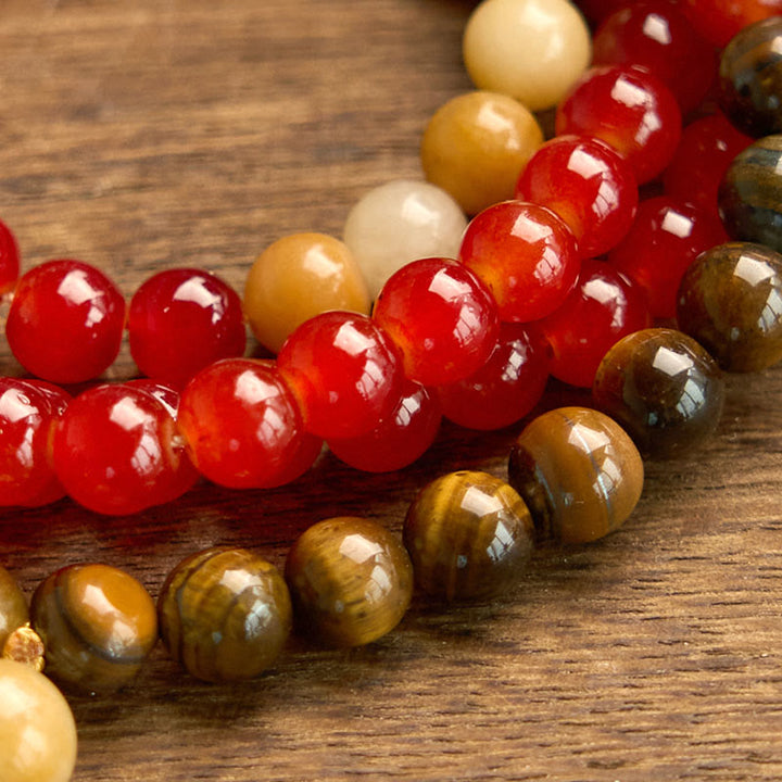 Buddha Stones 108 Mala Beads Red Agate Tiger Eye Yellow Tassel Calm Bracelet - image 5