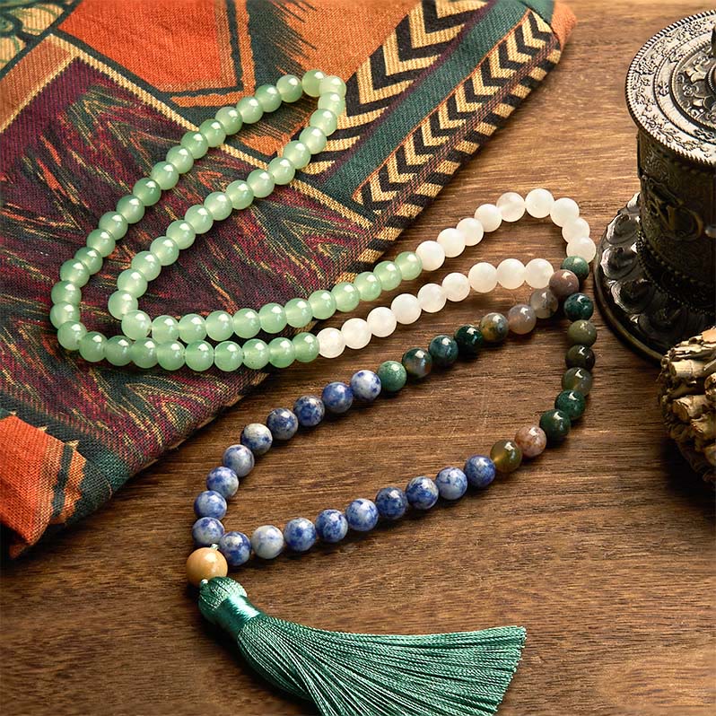 Buddha Stones 108 Mala Beads Natural Green Aventurine Blue Spot Jasper Indian Agate Green Tassel Luck Bracelet