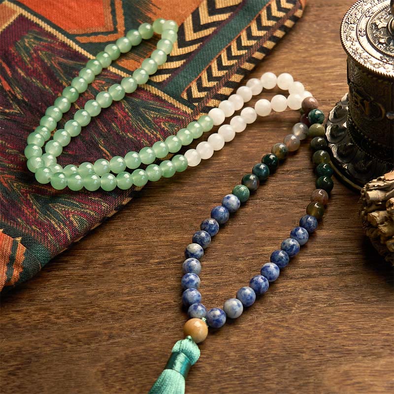 Buddha Stones 108 Mala Beads Natural Green Aventurine Blue Spot Jasper Indian Agate Green Tassel Luck Bracelet